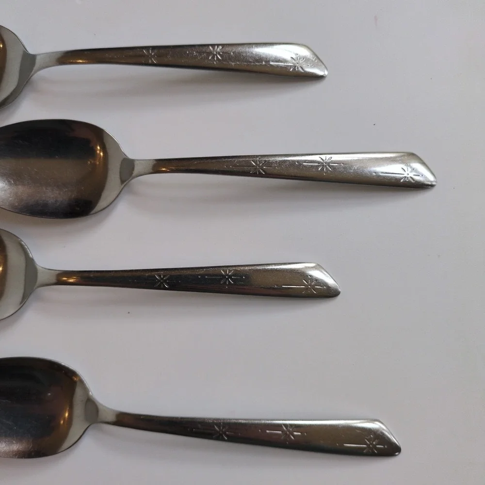 Vtg MCM Starburst Silco Stainless Silverware Large Spoons (4) USA Flatware